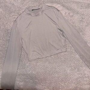 Grey Metallic Long Sleeve Crop Top